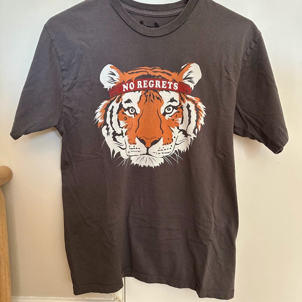 No Regrets Tiger Graphic Tee - Charcoal with Orange & White